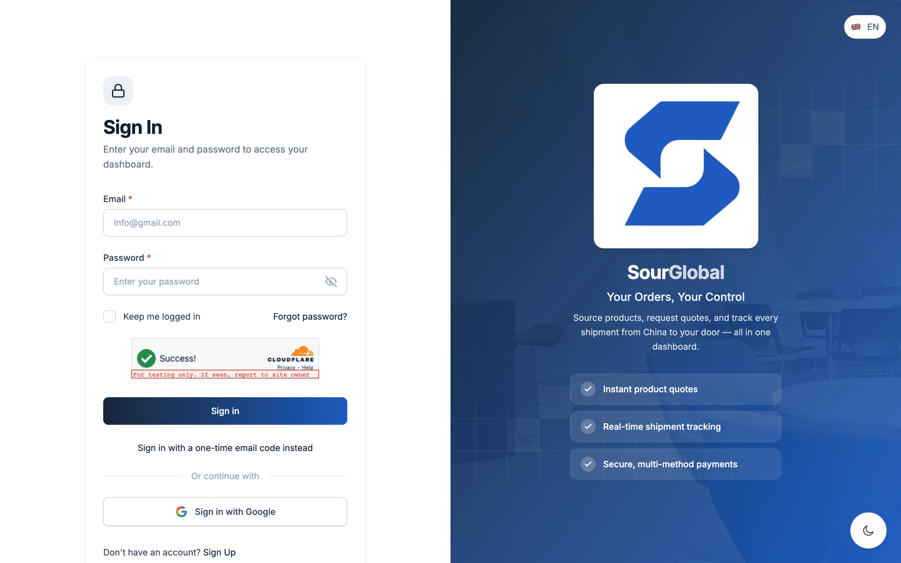 SourGlobal dashboard sign in page