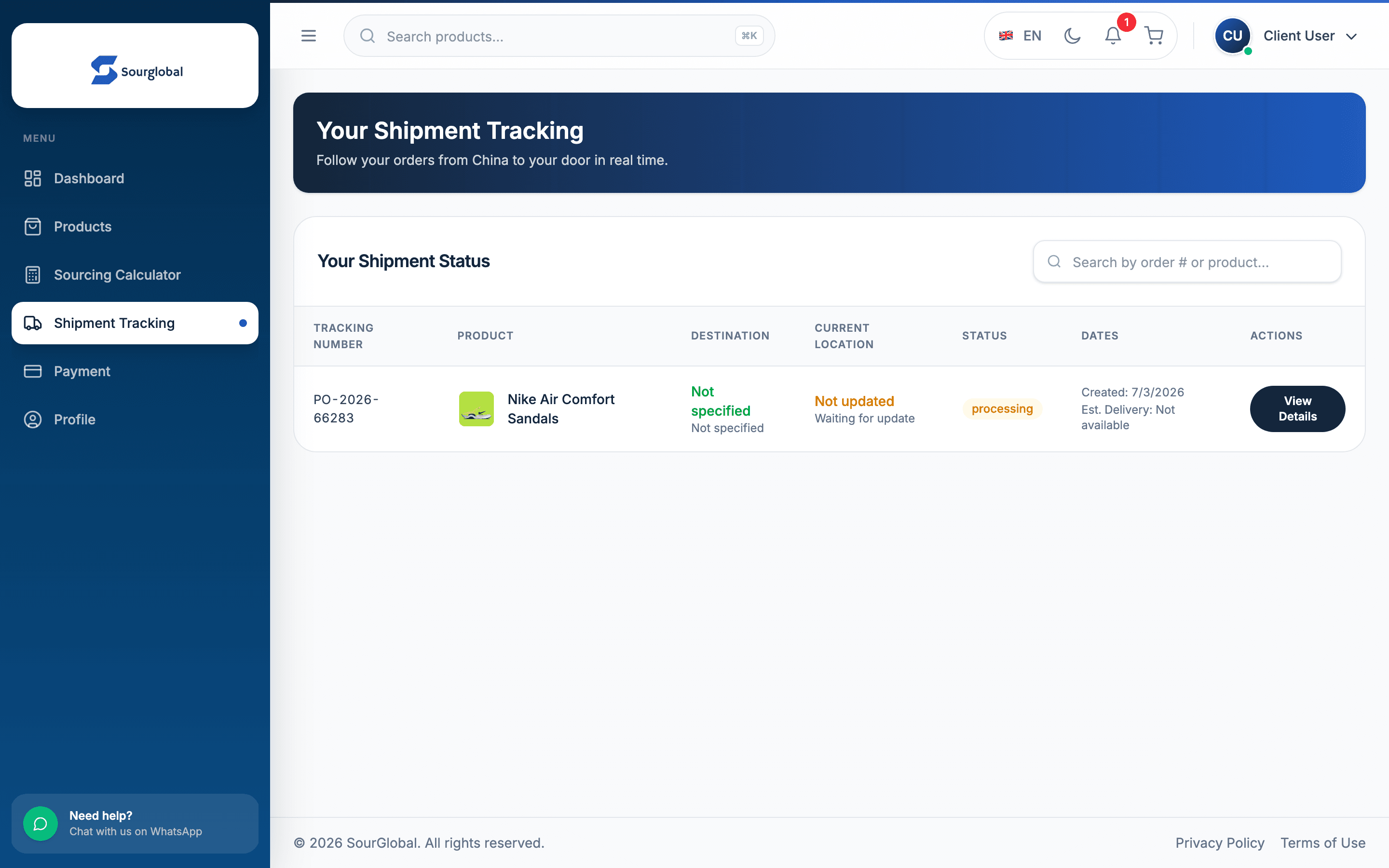SourGlobal dashboard shipment tracking